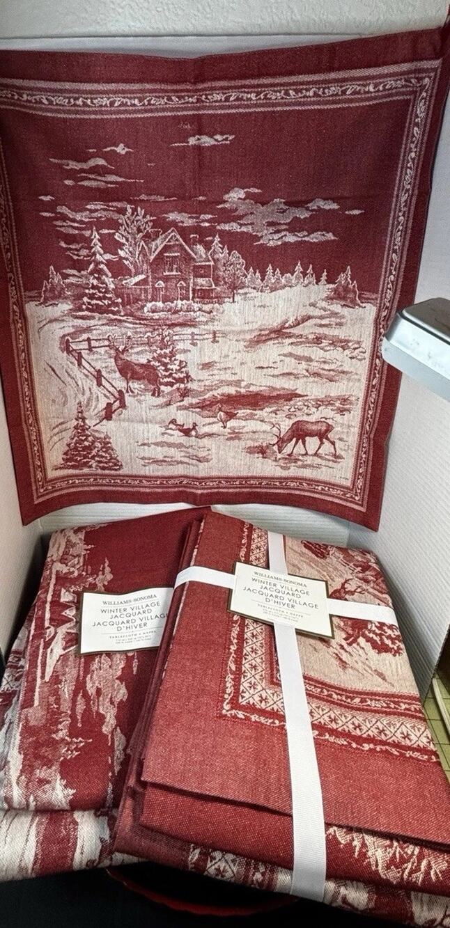 Williams Sonoma Winter Village Jacquard Table Cloth 70”x90” NOS